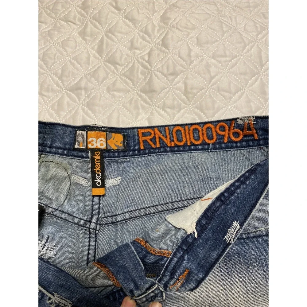 VTG Akademiks Denim Jeans 36 Embroidered Streetwear Missing Button  RN0100964